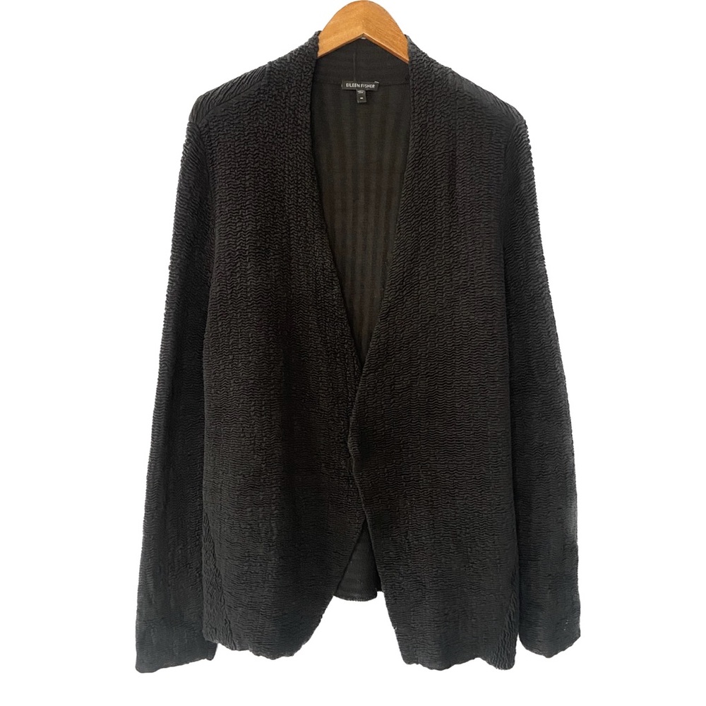 Eileen Fisher Black Textured Silk Blend Open Cardigan Sweater Size Medium